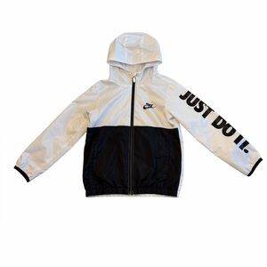 Nike White & Black Colorblock Zip Up Hooded Windbreaker Jacket Boys 6